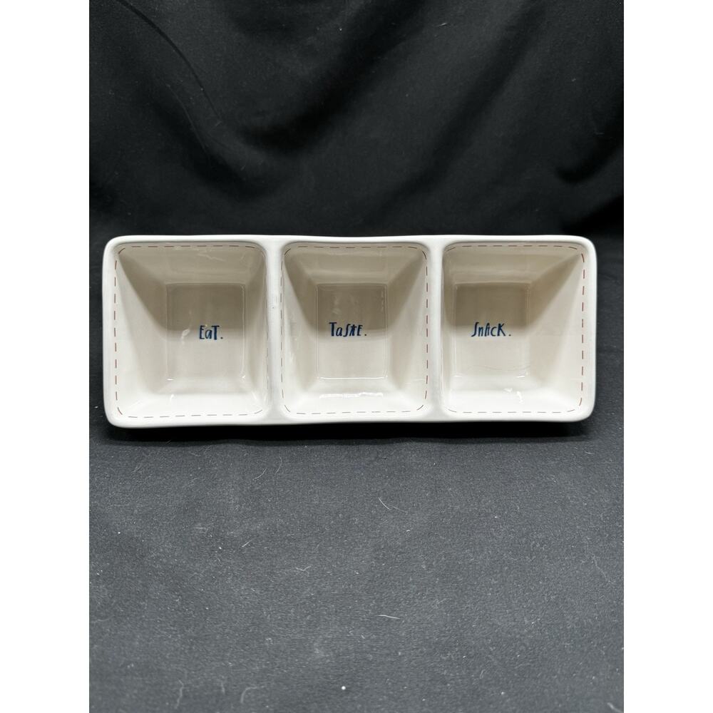 Rae Dunn Eat/Taste/Snack Triple Divided Serving Dish Red Stitch White Blue July4